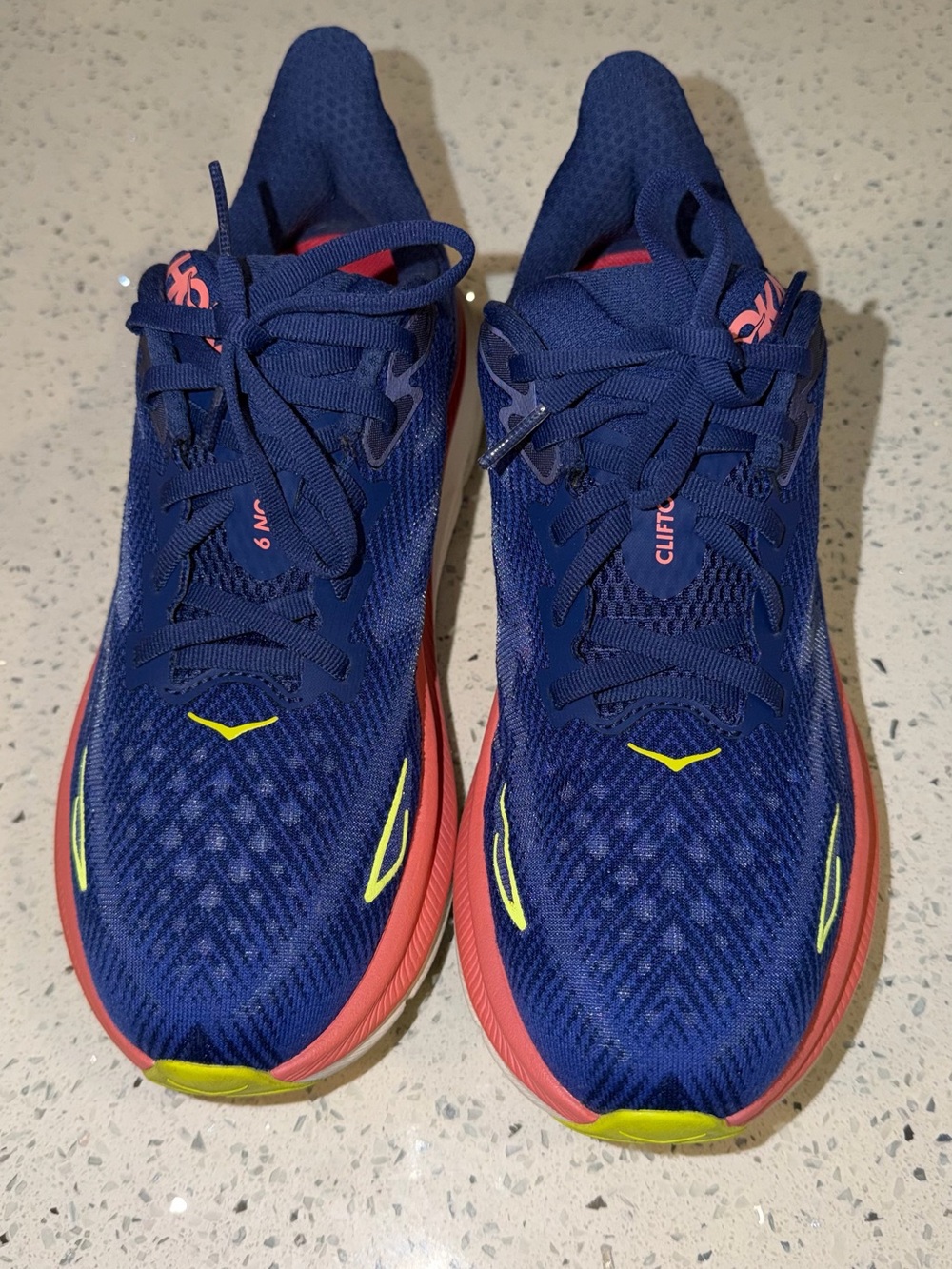 Hoka Men's Athletic Shoes in Navy with Coral and Neon Yellow Accents